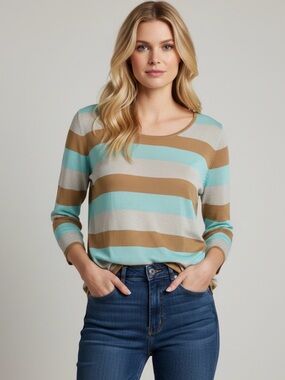 Lauren Vidal Aqua, Tan & Cream Striped Scoop Neck Tunic